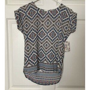 Pink Republic Women’s XS Orange Blue White Geometric Zip Blouse Top New